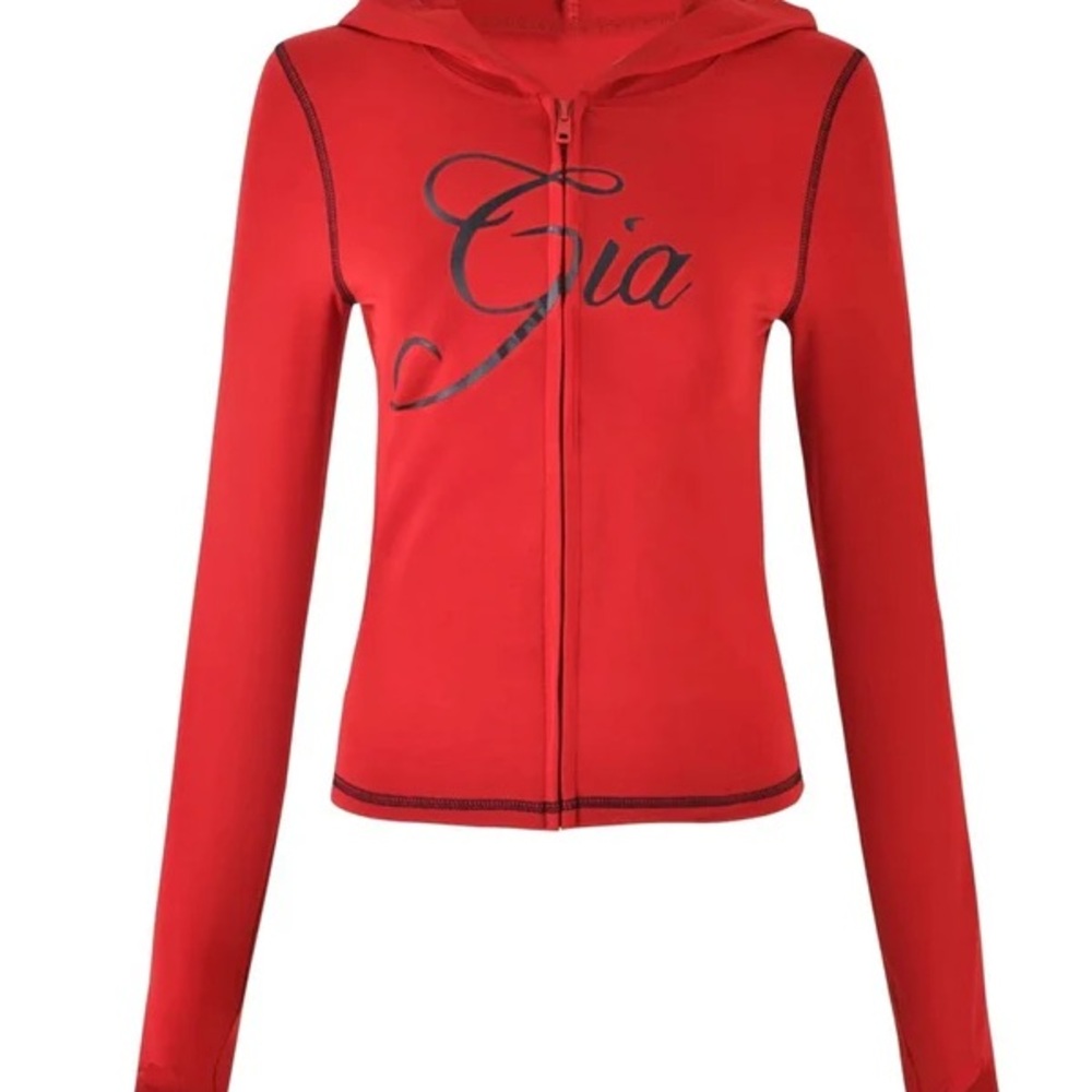 Iamgia M Red Long Sleeve Hooded Crop Top Zipper Black logo Excellent Brand New